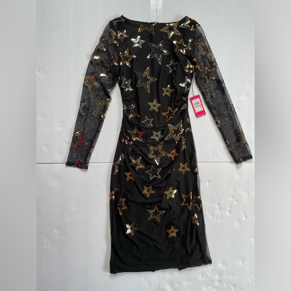 Vince Camuto Black Star-Sequin Long Sleeve Sheer-Sleeve Dress